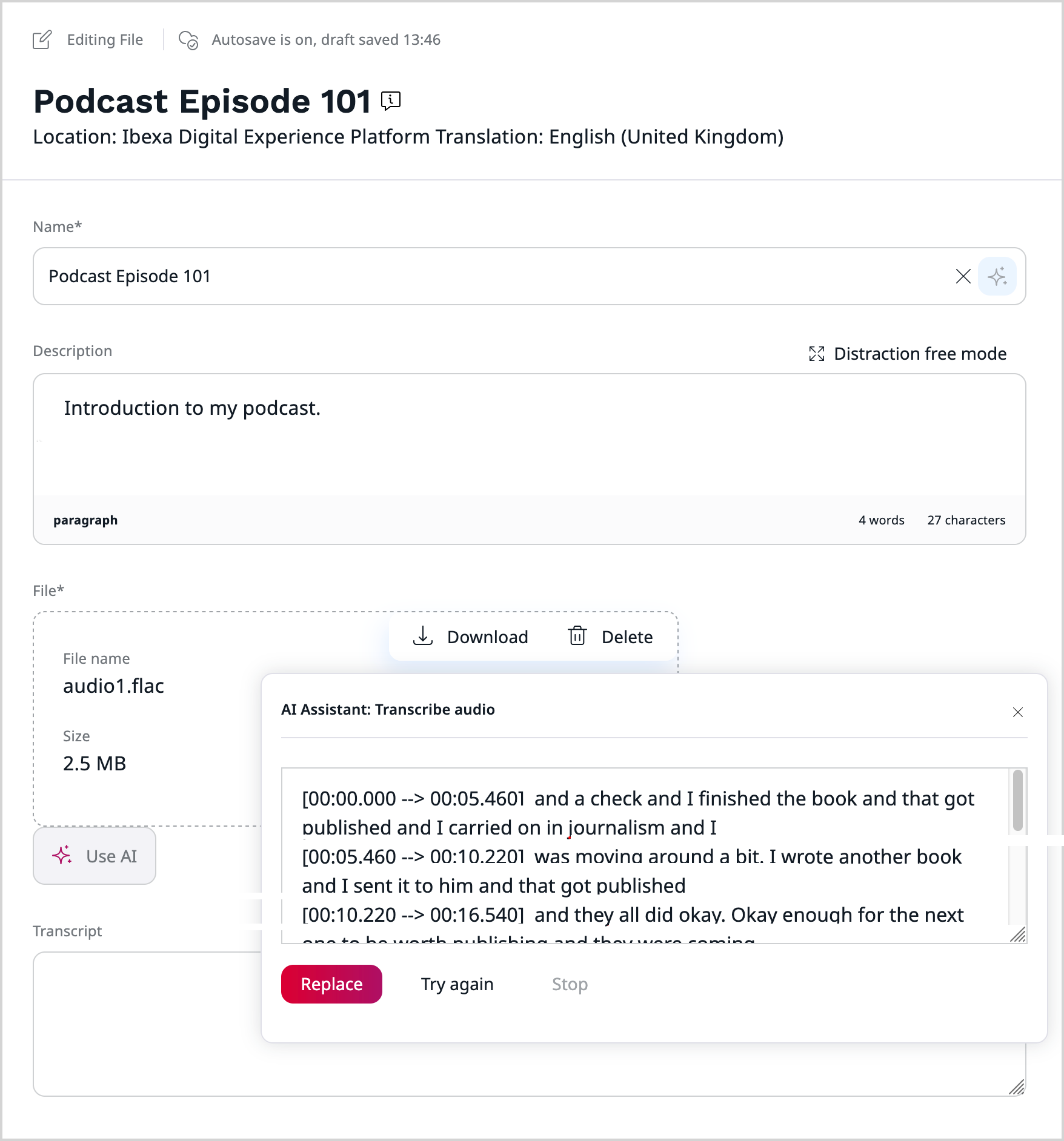 Transcribe Audio Action Type integrated into the back office